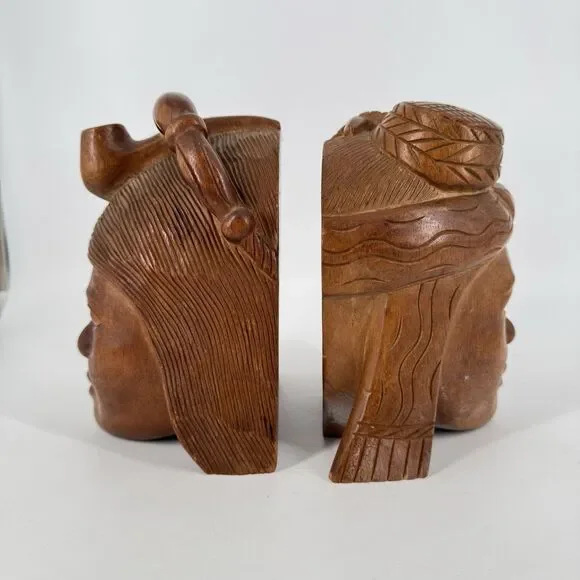 Vintage MCM Hand Carved Solid Wood Tribal Head Bookends Pair 7”